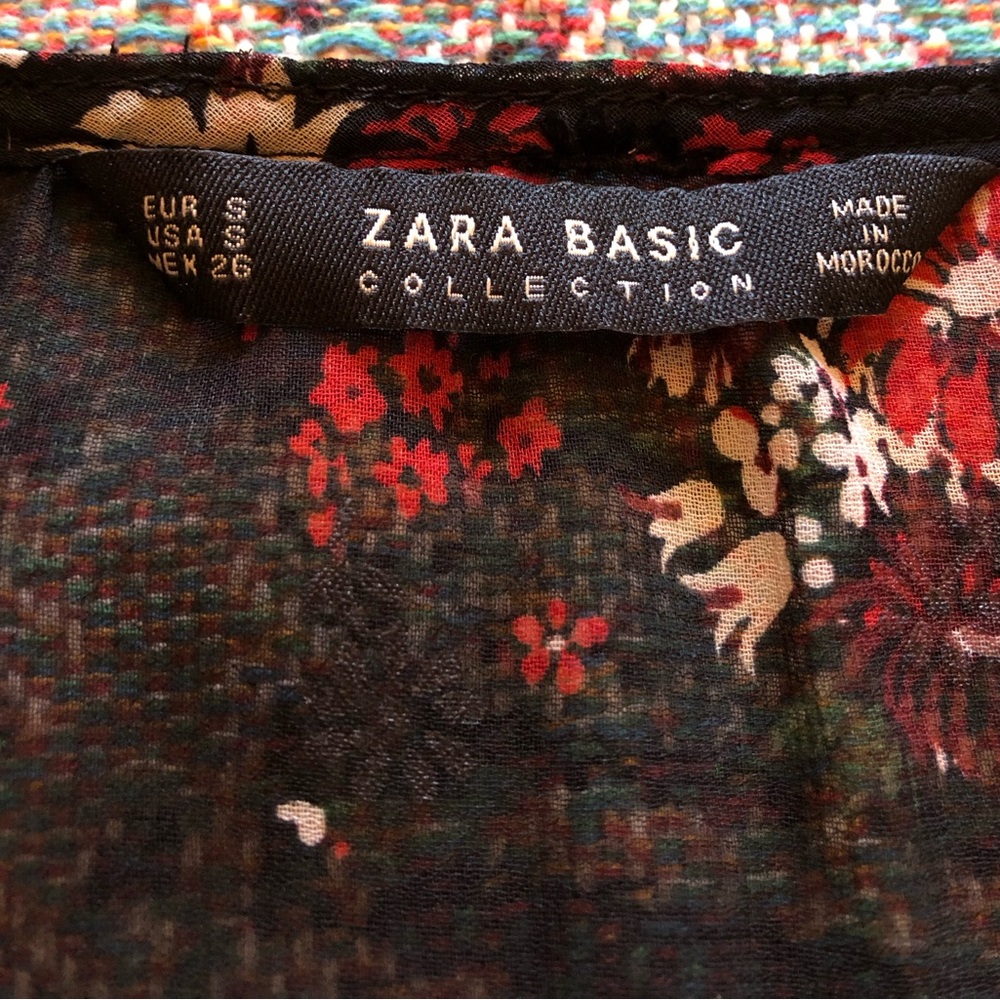 Zara Basic Sheer Dark Floral Velvet Accent V Neck Blouse w/ Ruffle Sleeve - Picture 9 of 14
